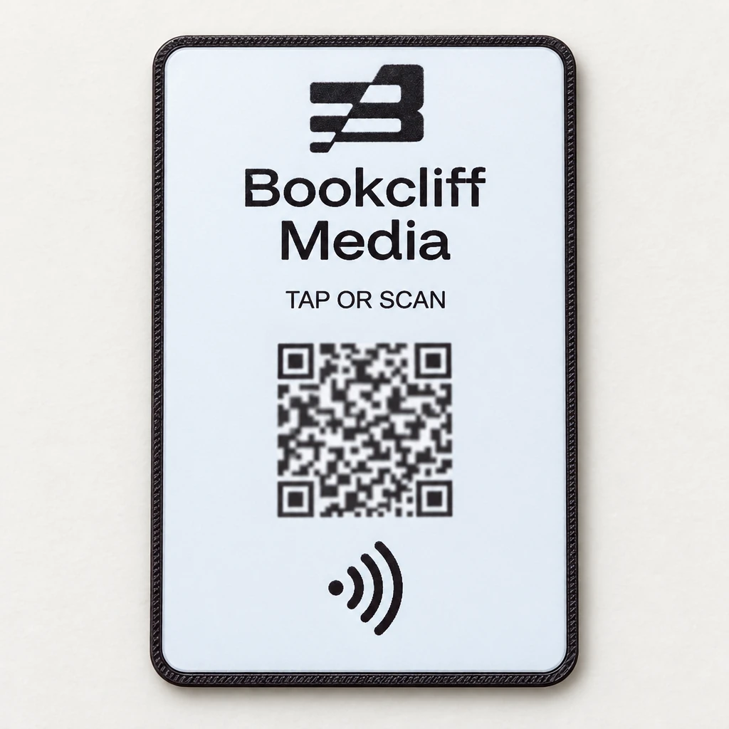 White Bookcliff Media NFC card with black border, TAP OR SCAN text, QR code, and NFC symbol